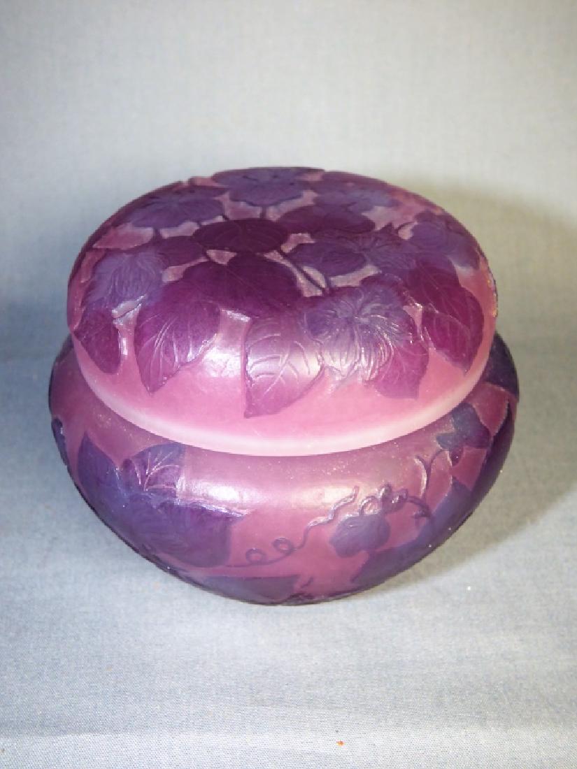 Zoltan Acs Cameo Glass Covered Box: A cameo glass dresser or powder box by Hungarian artist Zoltan Acs (1934-2003) Size: 3 1/2" dia. x 3" H