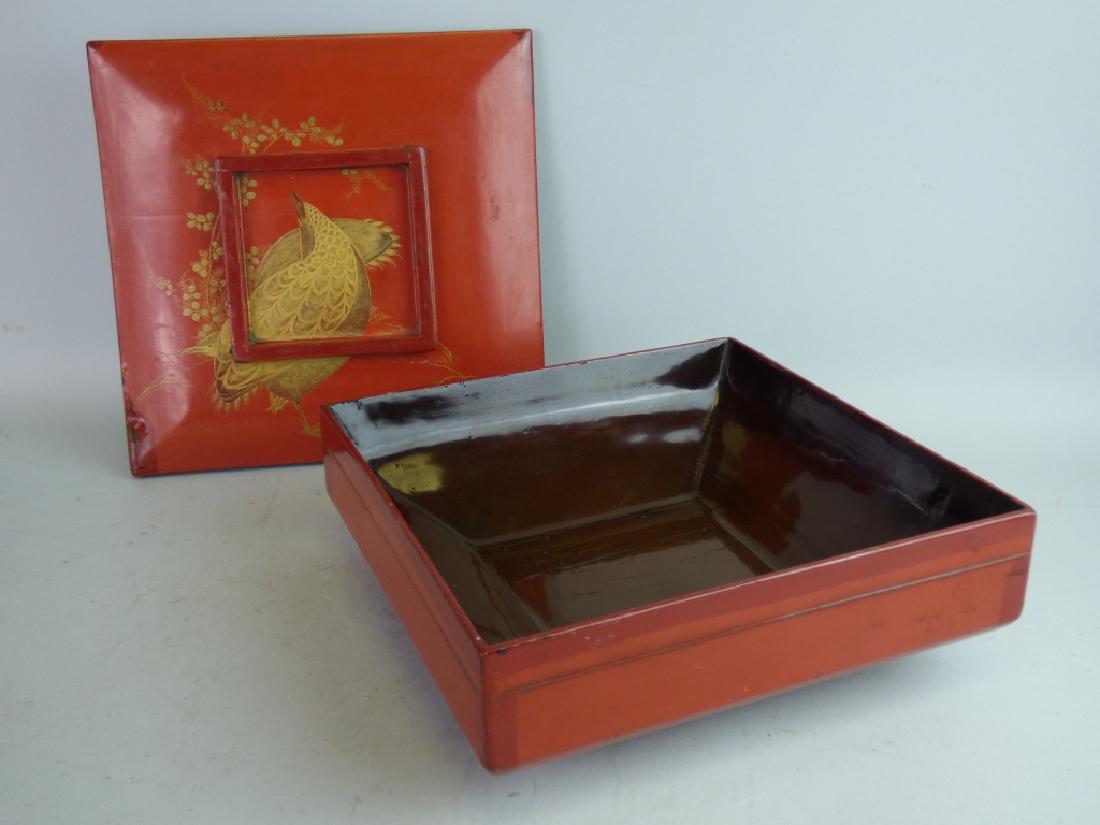 Japanese Maki-e Decorated Lacquer Box: Size: 4" H x 9" L x 9" W CONDITION REPORT: Losses throughout; possible added sealant or reinforcement at joins.