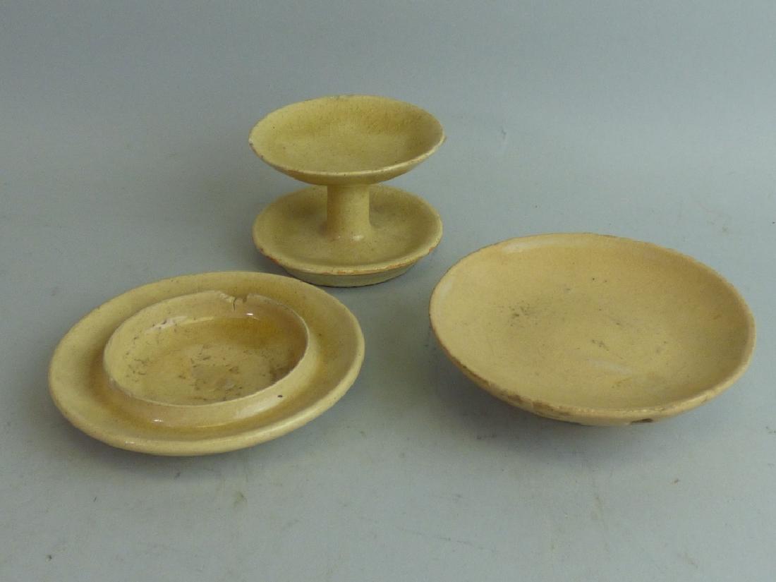 Three Seto Province Kiseto Pottery Articles: oil lamp, tiered dish, footed dish Size (largest): 2" H x 2 3/4" dia.