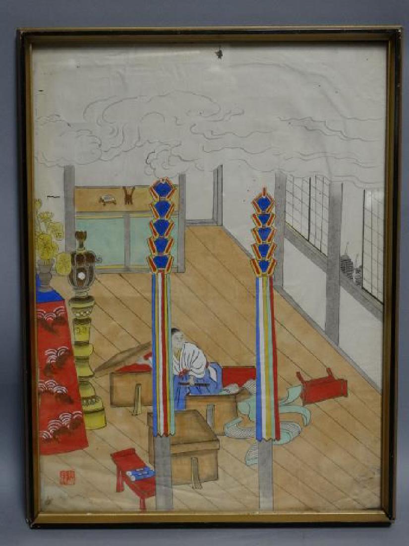 Gouache, Ink, & Watercolor Painting: Red seal lower left, signed on back Size: 19 1/4" L x 14 1/4" W (sight); 20 1/2" L x 15 5/8" W (overall)