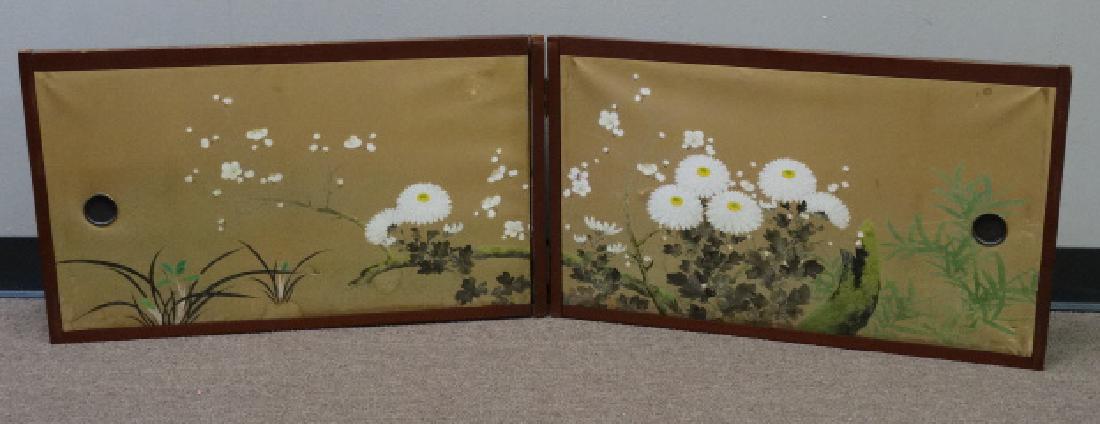Two Rinpa School Style Watercolors on Paper: Apparently unsigned, each now mounted on a sliding door from a tansu chest. Size: 56 1/2" L x 17" W (overall)