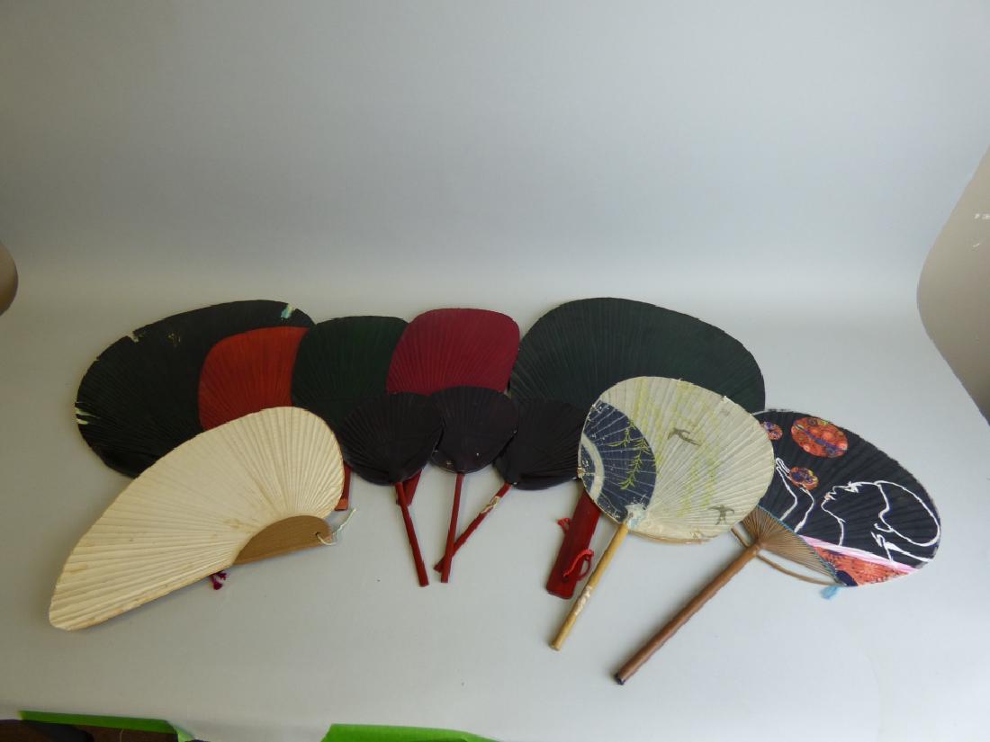 Lot of Japanese Fans: including 8 Lacquer fans. Size : 18 1/2" H x 12 1/2" W on largest two fans.