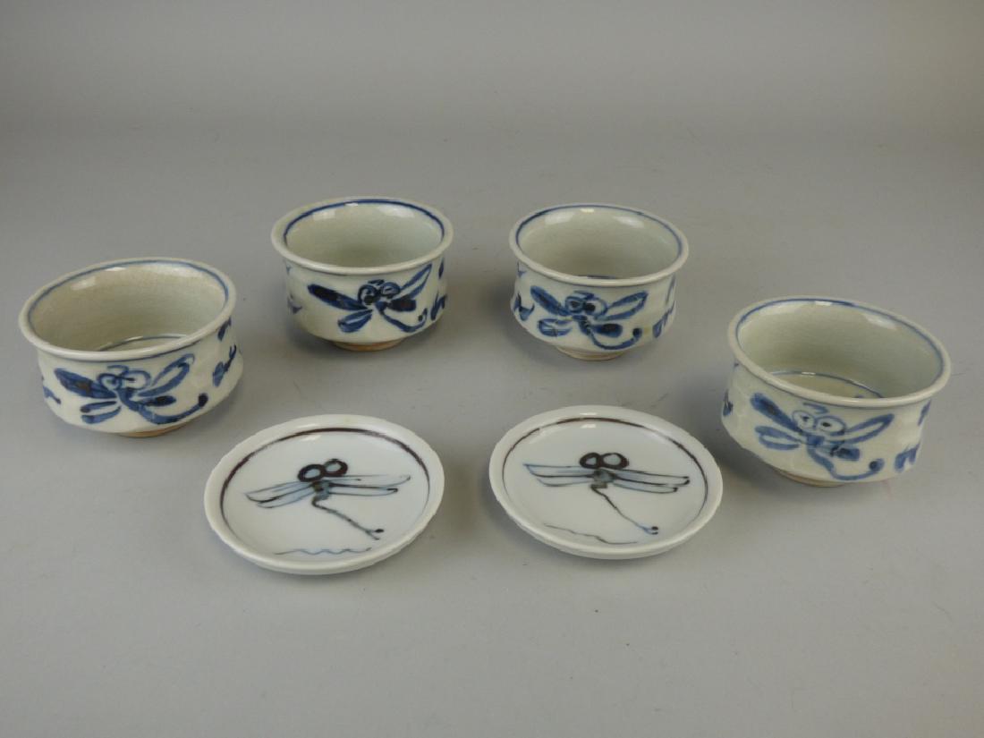 6 Blue & White Dragonfly Bowls & Plates: Lot Comprised of 4 Dragonfly Motif Japanese Bowls and Plates 3.5" Dia x 2" H