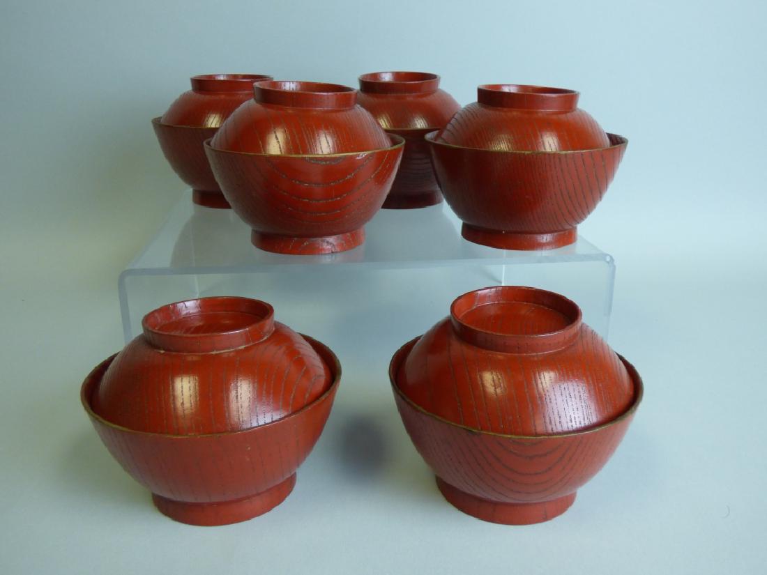 Lot of 6 Red Lacquer Lidded Cups: Size : 3 1/4" H x 4 1/2" dia.