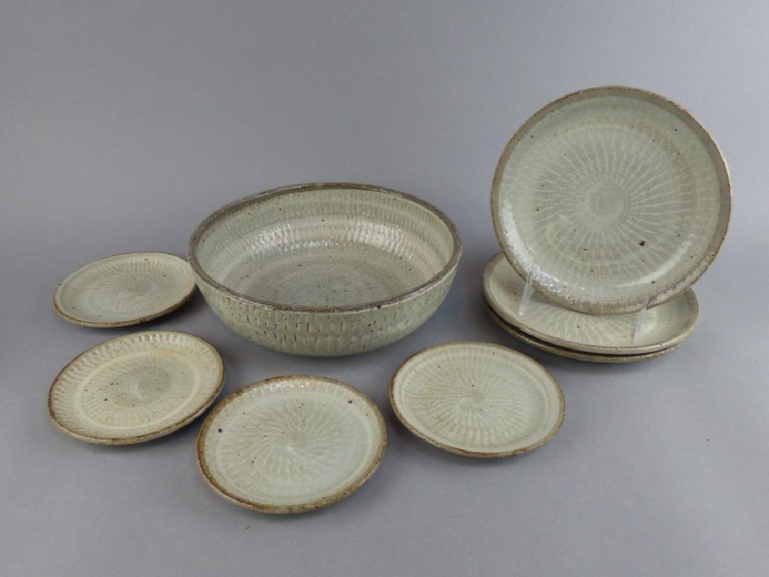 8 Piece White Gray Glazed Plates: 1 Plate has Crack 9" Dia x 3" H
