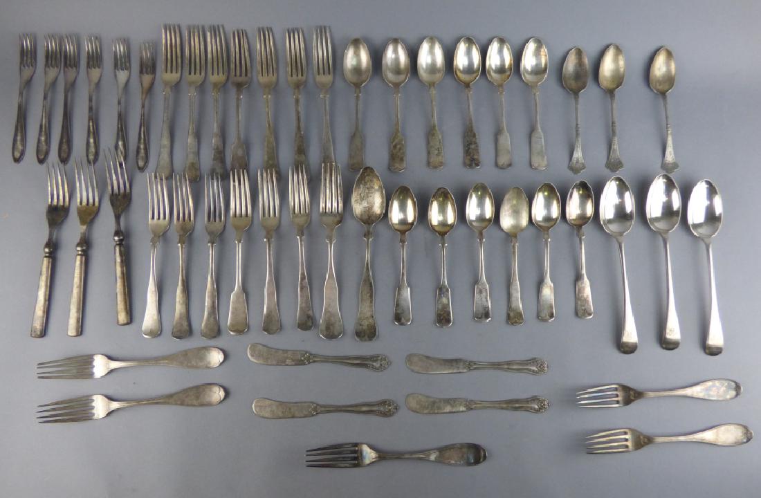 Group of Antique Silver-Plate Flatware: Comprising eleven (11) forks marked Rogers & Bros. A1, two (2) forks marked Wm. Rogers & Son 12 oz., one (1) fork marked G.W. Palmer & Son 4 oz, three (3) forks marked 1847 Rogers Bros., five (5) fork