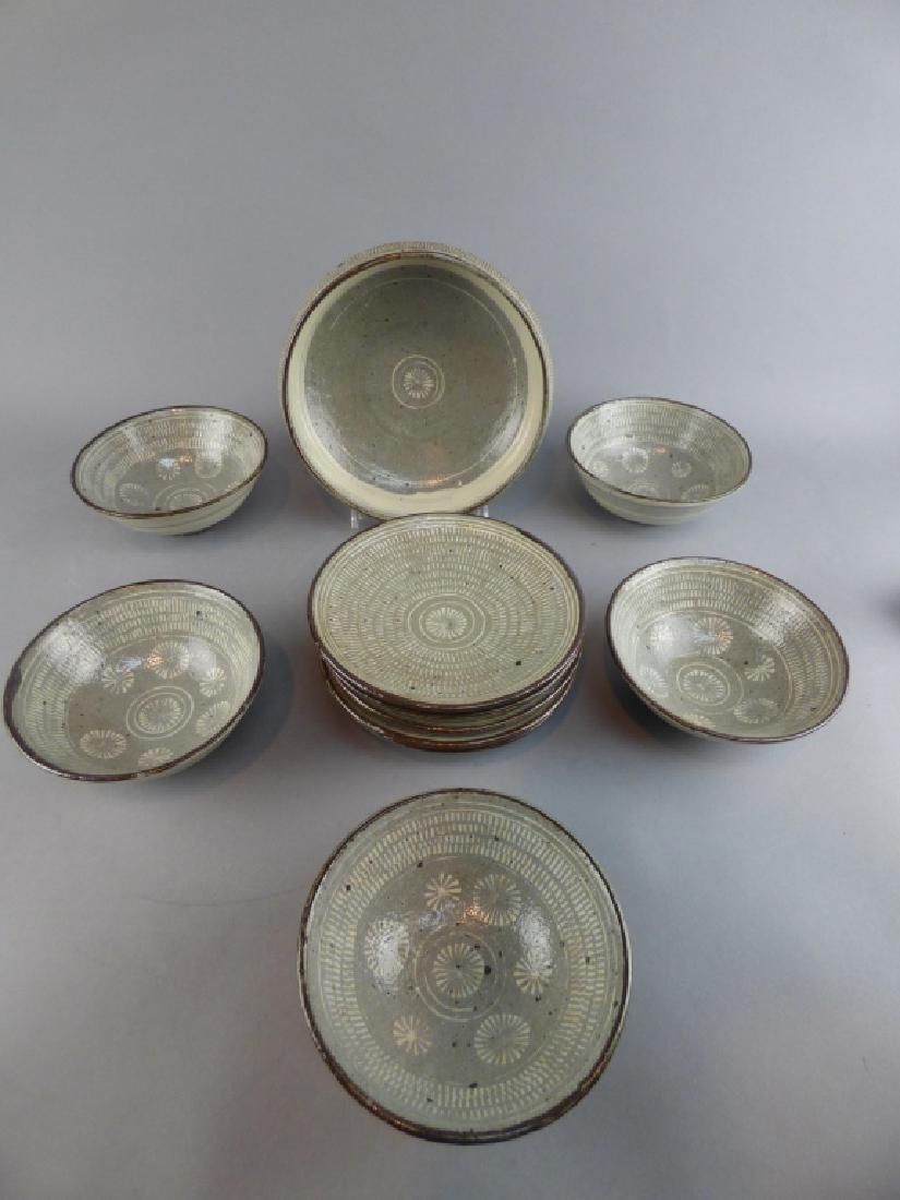 11 PIeces Grey / White Pottery: Bowls & Plates 1 Repaired Plate 8" Dia x 2.75" H