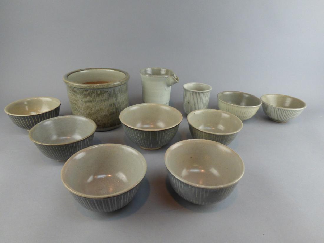 11 Gray and White Bowls / Crock/Cup: 6" H x 4.75" D