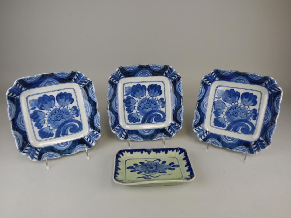 3 Blue & White 1 Celadon Glaze Plates: 8" L x 8" W x 1.5" H