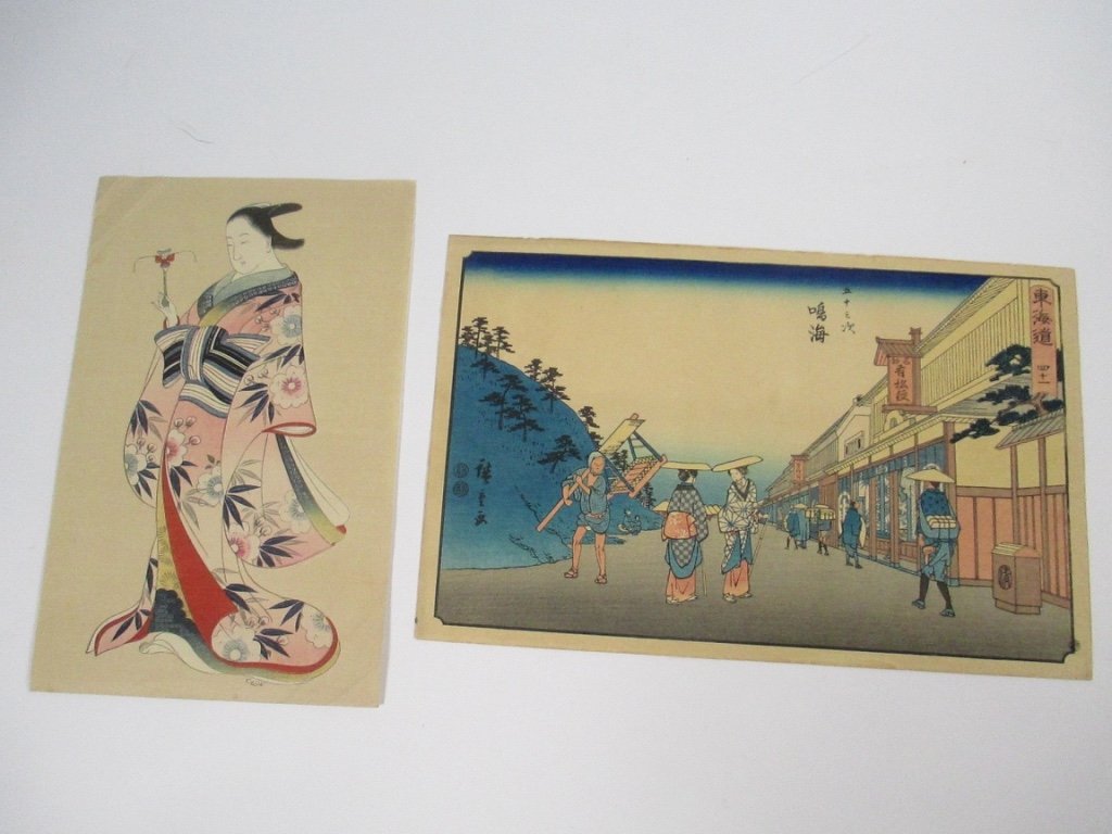 Two Japanese Prints: Comprising one woodblock print on paper after Utagawa (Ando) Hiroshige (Japanese, 1797-1858) and one additional example depicting a bijin, unsigned. Size: 14 1/2" x 9 1/4" (largest)