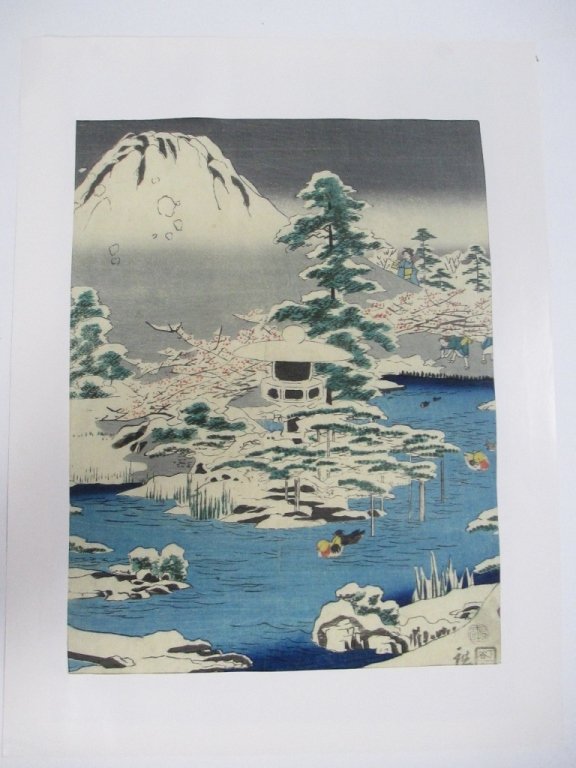 UTAGAWA (ANDO) HIROSHIGE (Japanese, 1797-1858): Late Spring Snow on Pines and Cherry Blossoms Woodblock print on paper Publisher Uwoya Yeikichi Provenance: Moroni (Maromi?) Collection, Kendi(?) 1949 Ex-New England Estate Size: 14 3/4" x 10"