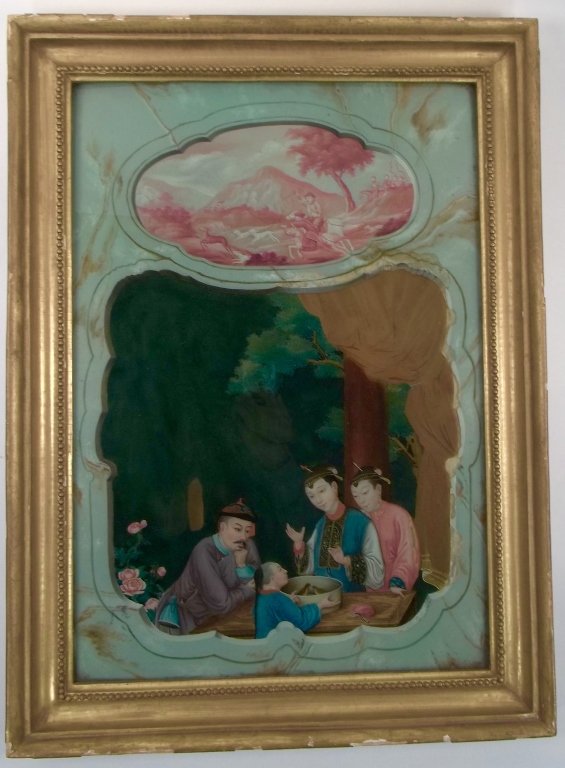 A Chinese Export Reverse Painting on Glass: Antique Chinese export reverse glass painting, of 18th century, depicting an officer with two concubines and a boy opening a circular box to reveal two quails inside, atop depicting a hunting scene, S