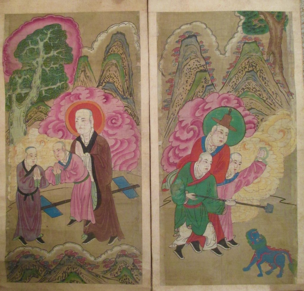Two Antique Chinese Buddhist Scroll Paintings: Two Chinese Buddhist scrolls, possibly Ming dynasty, painted in natural minerals, one depicts two monks and their master taming a fu lion, another depicts two monks bowing to each other with their mas