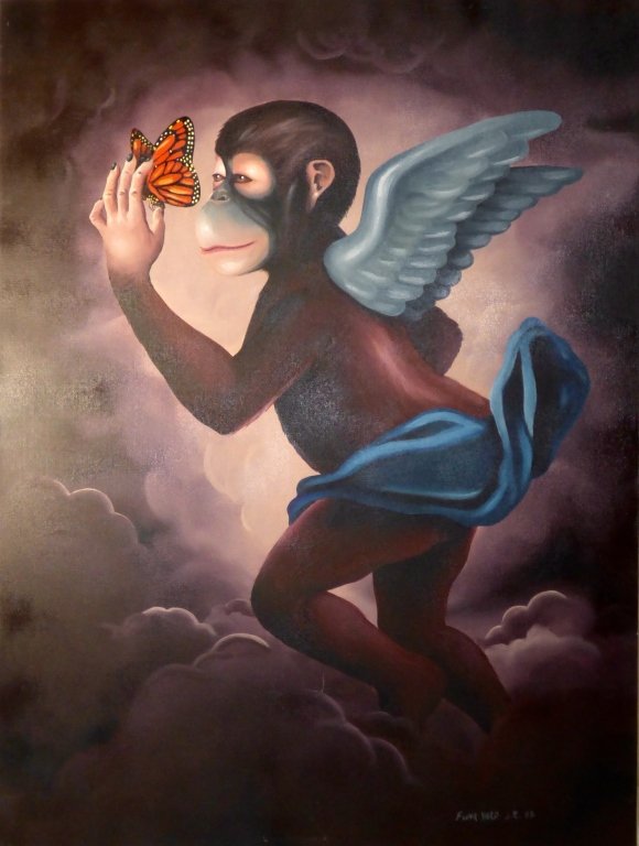 A Decorative Oil on Canvas Painting: Depicting a monkey in cherubic attire amidst clouds, a butterfly atop one outstretched paw, and signed "Funk Yard, J.R., 97" lower right, unframed.Size: 39 3/4" L x 30" W Provenance: Property from the