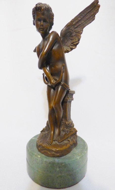 AFTER HIPPOLYTE MOREAU (French, 1832-1937): Cupid, after a painting by William Adolphe Bouguereau (French, 1825-1905) Bronze figure on marble base Inscribed H. Moreau and monogrammed versoSize: 11" H (inclusive of base)