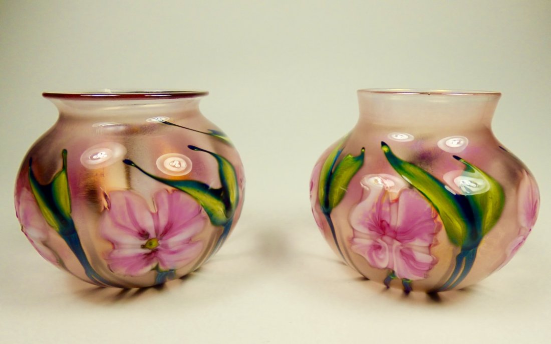 Pair Charles Lotton "Multi-Flora" Art Glass Vases: signed to base Size: 6" diameter x 5" height Property from the Collection of Dr. J. MartyBarrasch, Houston, Texas