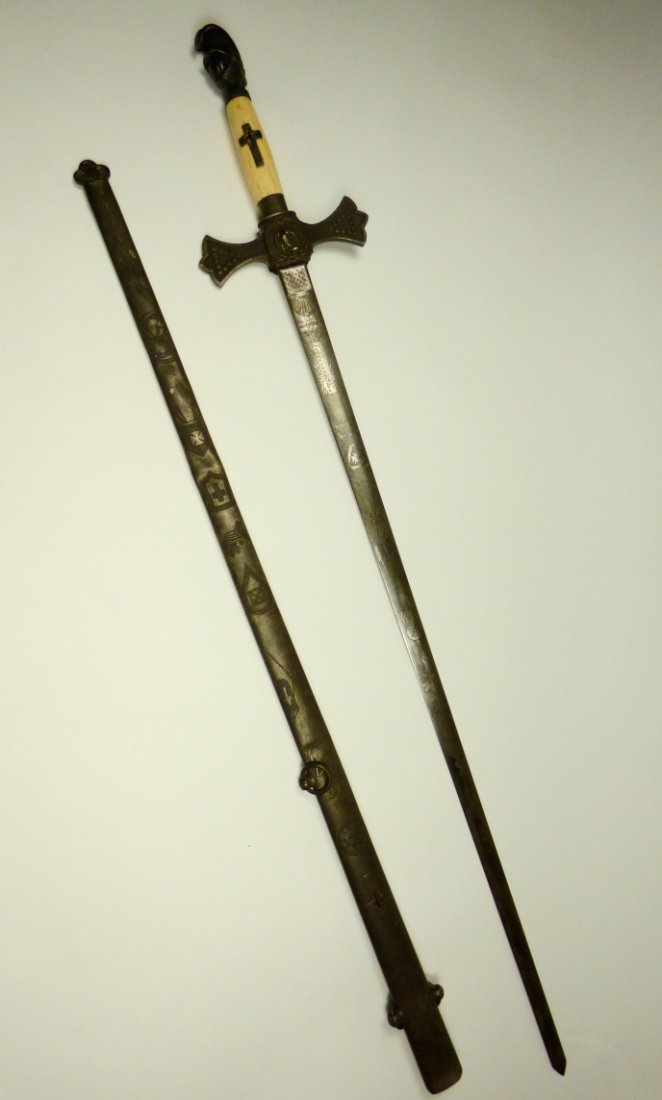 An Antique Masonic Knights Templar Sword: Inscribed "Sir E.H. Gerry" scabbard, "EHG" below pommel. Size: 37" lengthProvenance: Property from the Collection of Dr. J. Marty Barrasch, Houston, Texas BIDDERS, PLEASE NOTE: This item contains orga
