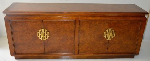 Century Furniture "Chin Hua" Credenza: In the Hollywood Regency style, circa mid 20th century, burl wood veneer.Size: 76" L x 18" W x 30" H