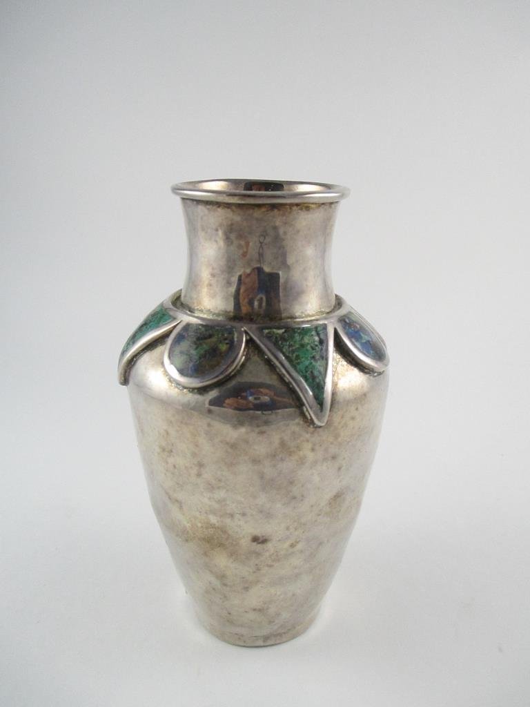 A Taxco Hardstone Mounted Silver-Plate Vase: Los Castillo, Taxco, of baluster form, the shoulder with alternating geometric hardstone mounts, marked to base. Size: 6 1/4" H