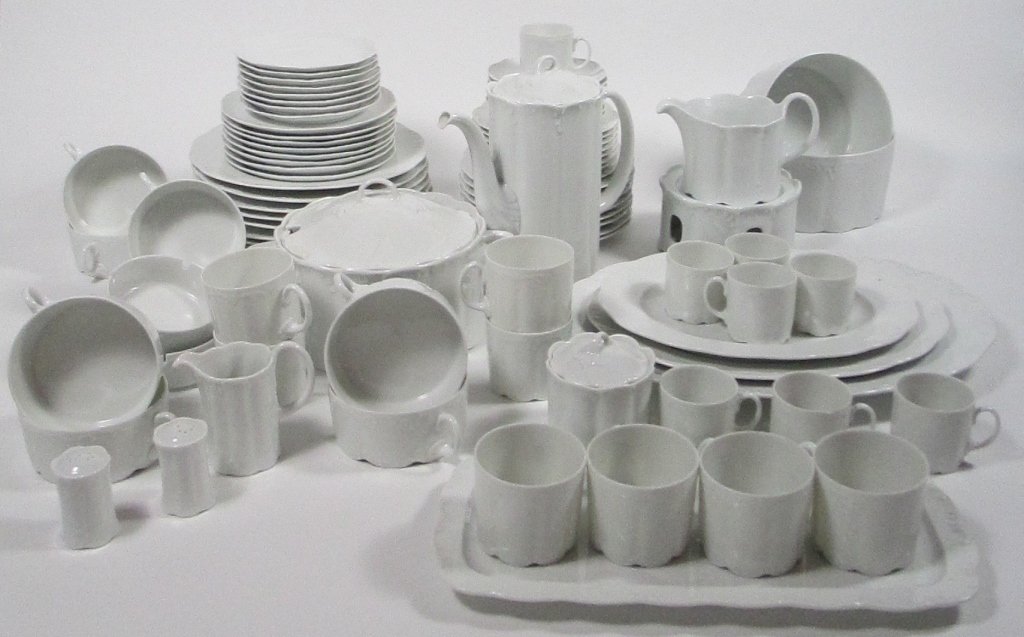 Rosenthal Classic Rose China Service for 8: The service comprising eight dinner plates, eight salad plates, eight dessert plates, eight bread plates, eight tea cups and saucers, eight demitasse cups and saucers, eight cream soup bowls, a pair o