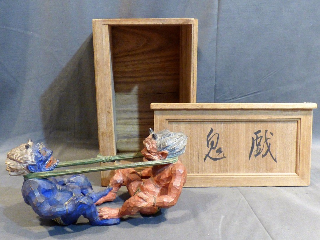 Japanese Carved Wood Okimono of Oni Demons (1 of 1)