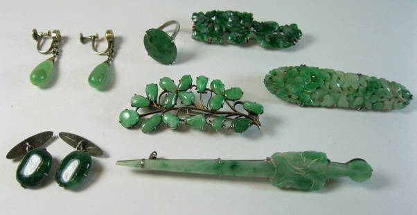 Group of Jade and jadeite Jewelry: A group of old Chinese jadeite jewelry, comprise ofÂ  one pair of earrings, one pair of cuff rings, one cabochon ring, four pins/brooches. Approximate combined weight overall 47.3 grams. Provenance: