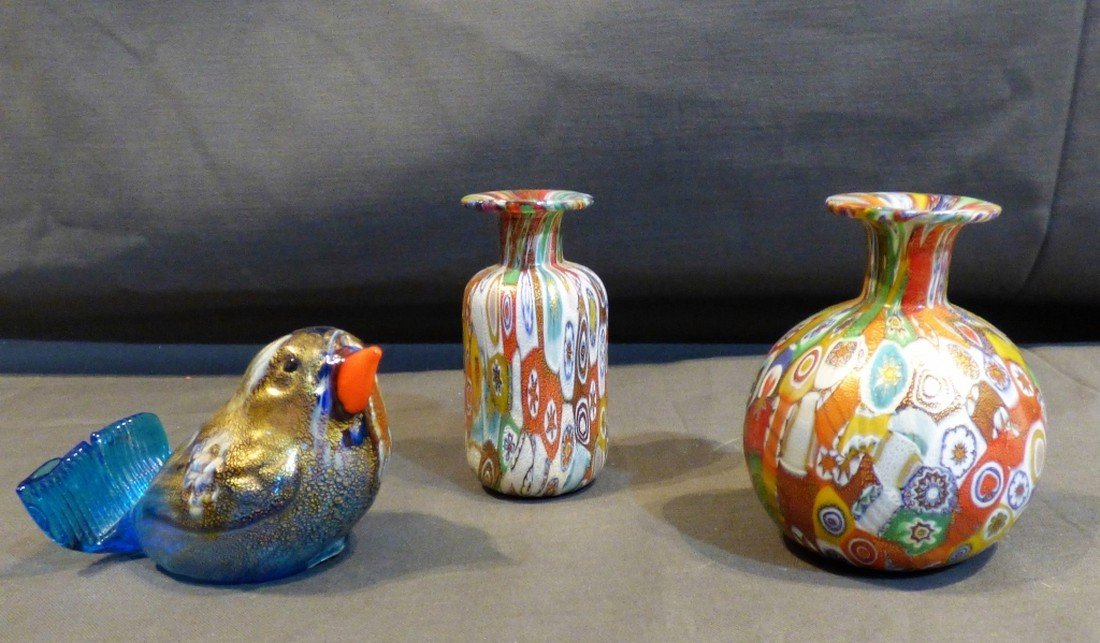 Three Murano Millefiori Art Glass Items: Size (largest): 3" H
