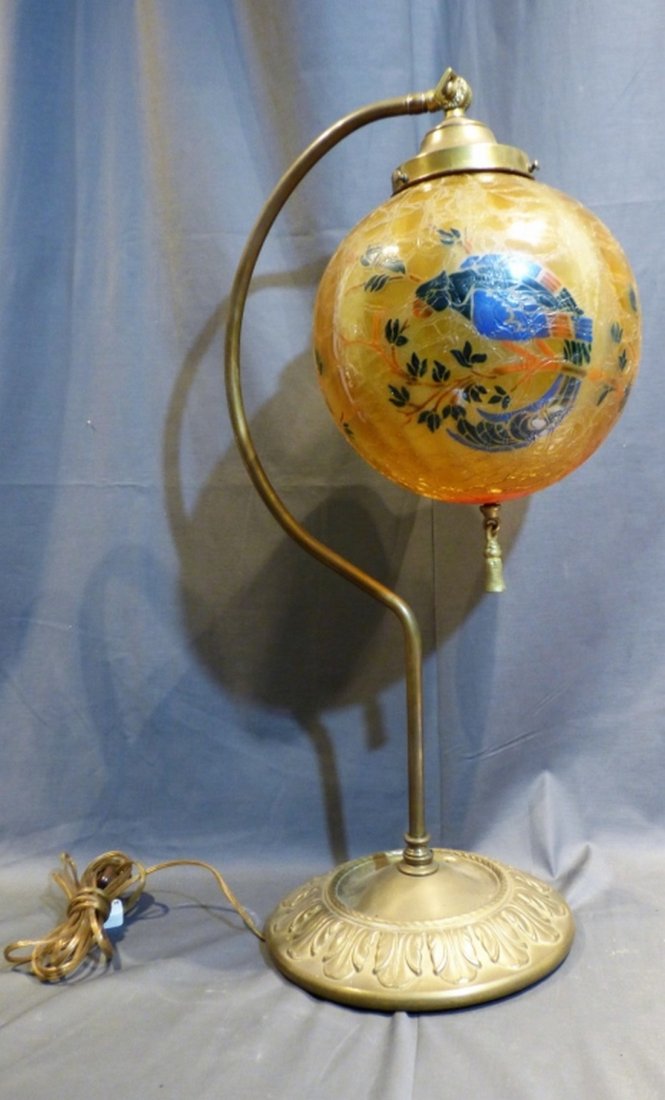 Art Deco Lamp with Enameled Glass Shade: Size: 11" dia. (base) x 27" H