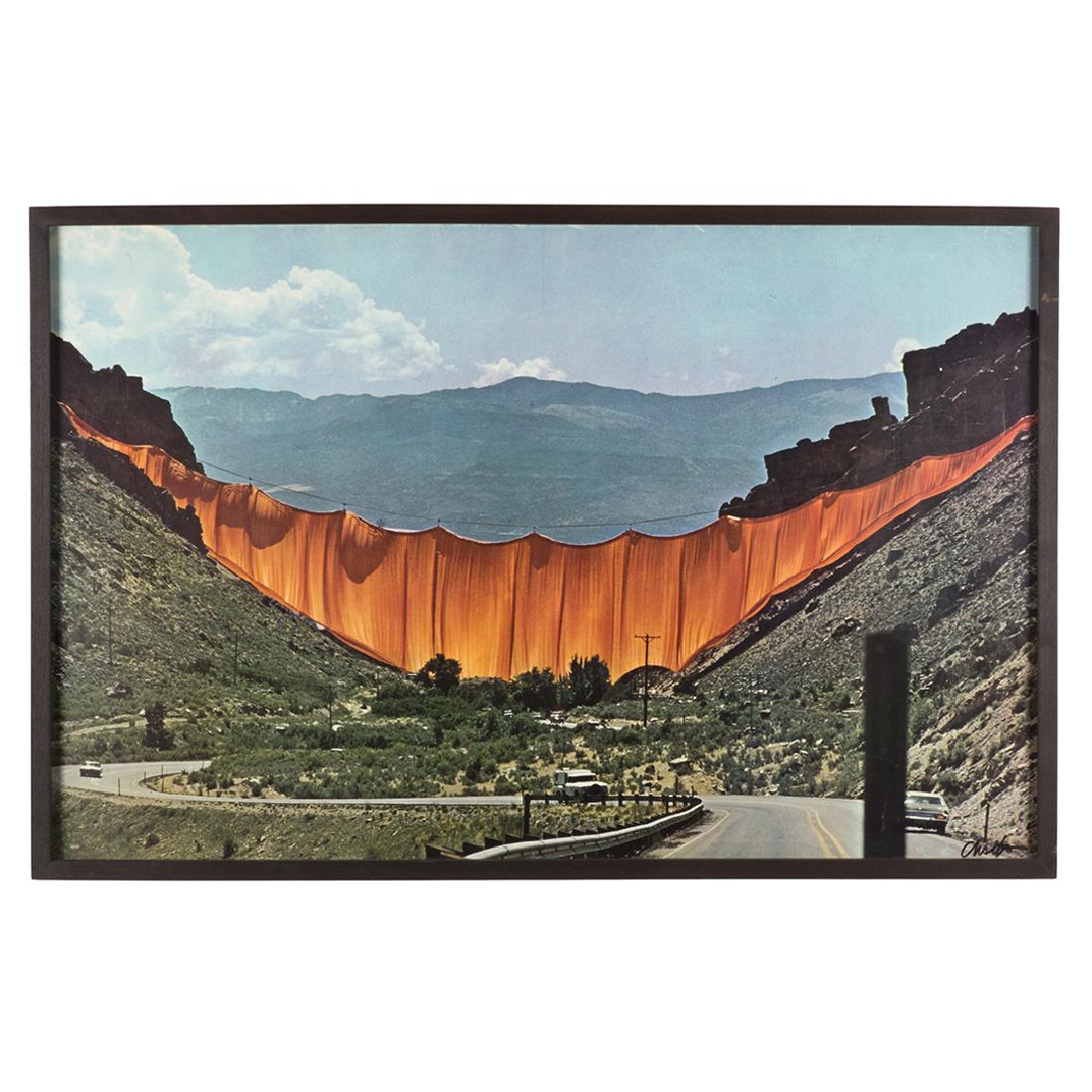 Christo 'Valley Curtain, Rifle Colorado' Offset Print: Valley Curtain, Rifle, Colorado' offset print by Christo, 1976. Signed lower right. 26'' H x 40'' W.
