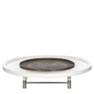 Arthur Elrod Monumental Custom Coffee Table: Monumental lacqered coffee table with antique bronze insert custom designed by Arthur Elrod for William F Cody. 18" H x 82" Diameter.