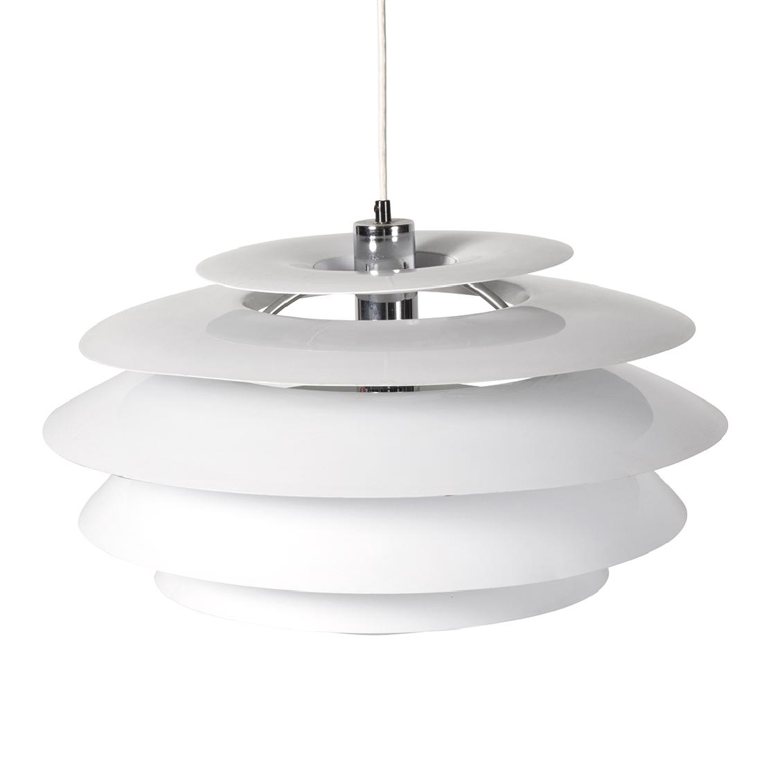 Stilnovo Pendant Lamp: Model 1262 pendant lamp in enamelled aluminum and chrome by Stilnovo, Italy 1950s. 12" H x 20" Diameter.