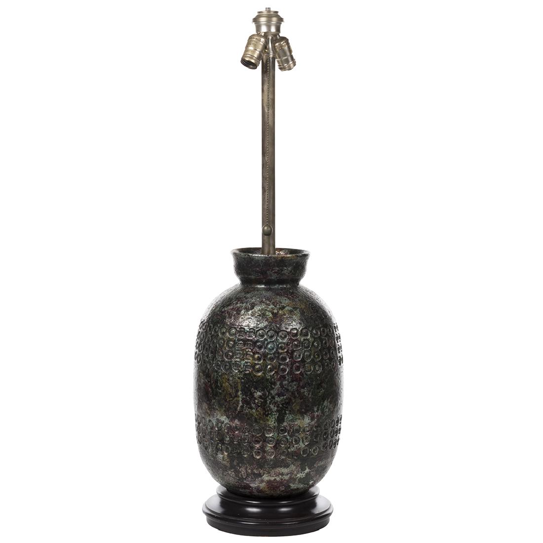 Bitossi Iridescent Table Lamp: Table lamp with sgraffito decoration and iridescent glaze by Bitossi for Raymor, 1960s. 34" H x 9" D.