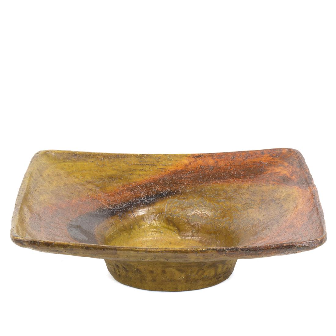 Marcello Fantoni Pottery Bowl: Glazed pottery bowl by Marcello Fantoni for Raymor, Italy 1960s. 3.5'' H x 13'' W x 13'' D.