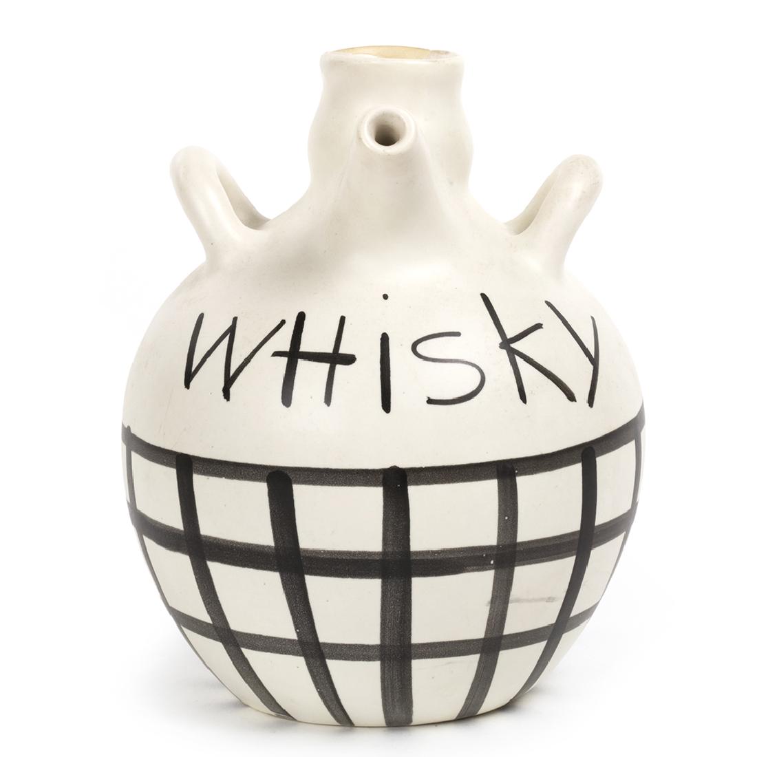 Vallarious Whiskey Decanter: Whiskey decanter in the style of Roger Capron for Vallauris, France 1960s. 7'' H x 6'' D.