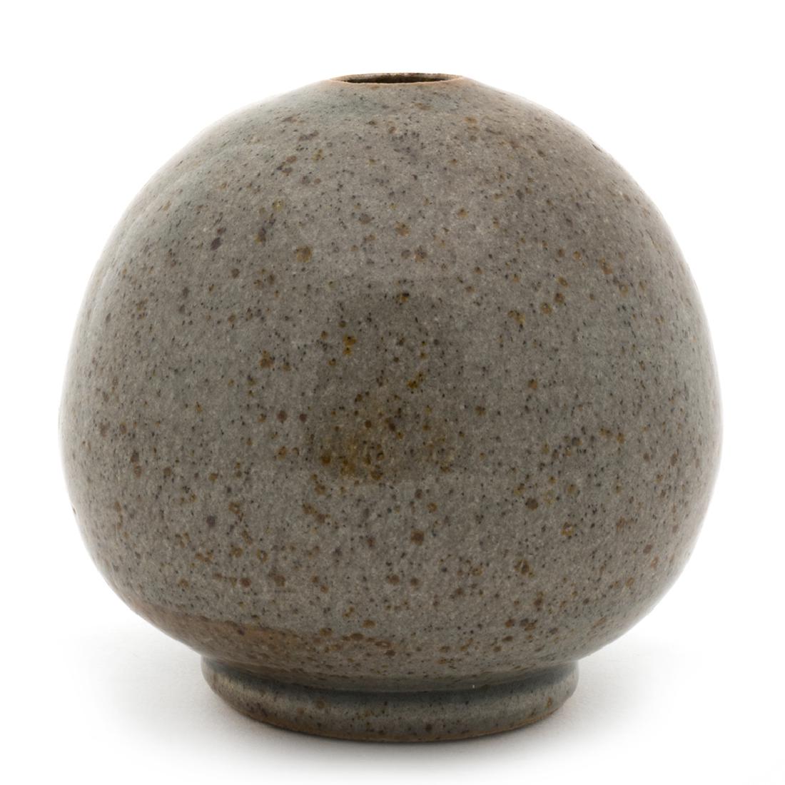 Jade Snow Wong Vase: Vase with glossy speckled glaze by Jade Snow Wong, 1960s. 4" H x 4" D.