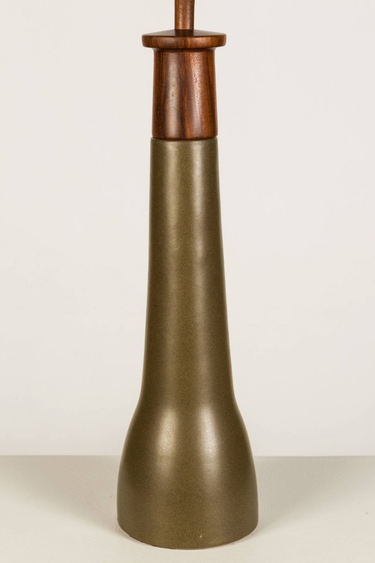 Martz Table Lamp: Walnut and olive green ceramic table lamp by Gordon and Jane Martz, 1962. 33" H x 15" D.