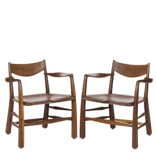 Richard Patterson Walnut Chairs (2): Pair of solid walnut armchairs by Craftsman Richard Patterson, 1990s. 29" H x 25" W x 23" D.