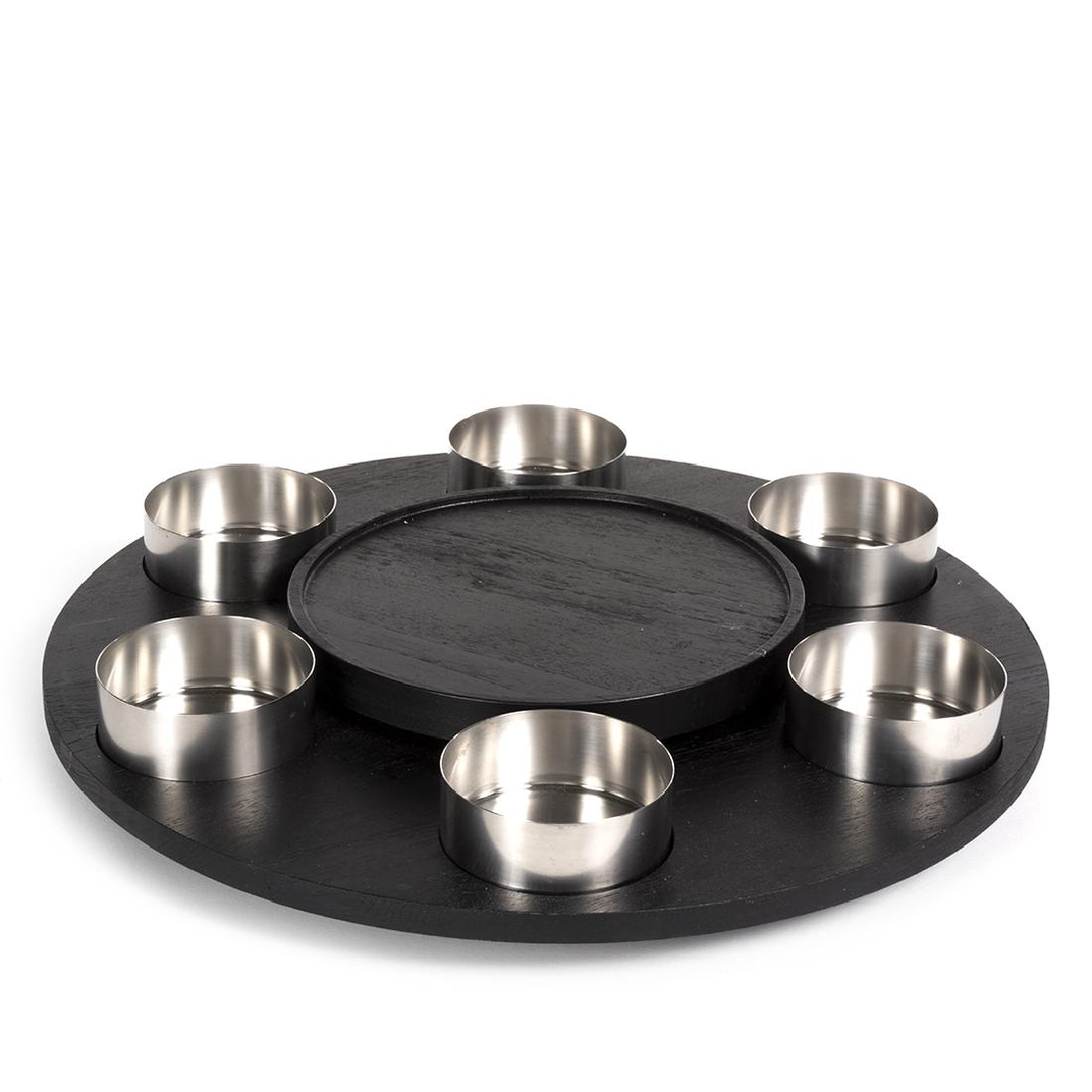 Arne Jacobsen Lazy Susan: Lazy susan with stainless steel bowls by Arne Jacobsen for Stelton, Denmark 1960s.