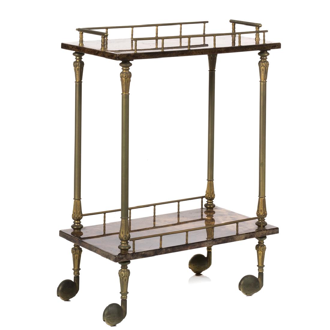 Aldo Tura Petite Bar Cart: Lacquered goatskin and brass petite bar cart by Aldo Tura, Italy 1950s. 28" H x 20" W x 11" D.
