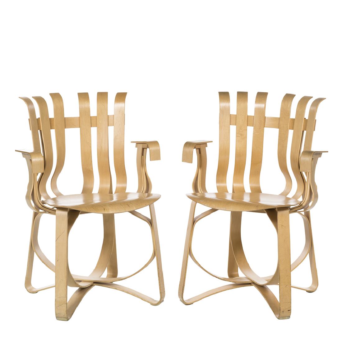 Frank Gehry Hat Trick Chairs (2): Pair of bentwood Hat Trick chairs by Frank Gehry for Knoll, 1992. 33" H x 23" W x 20" D.