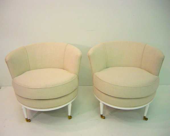 Barrel Chairs (2): Pair of barrel chairs, 1940s. 27" H x 25" W x 25" D.
