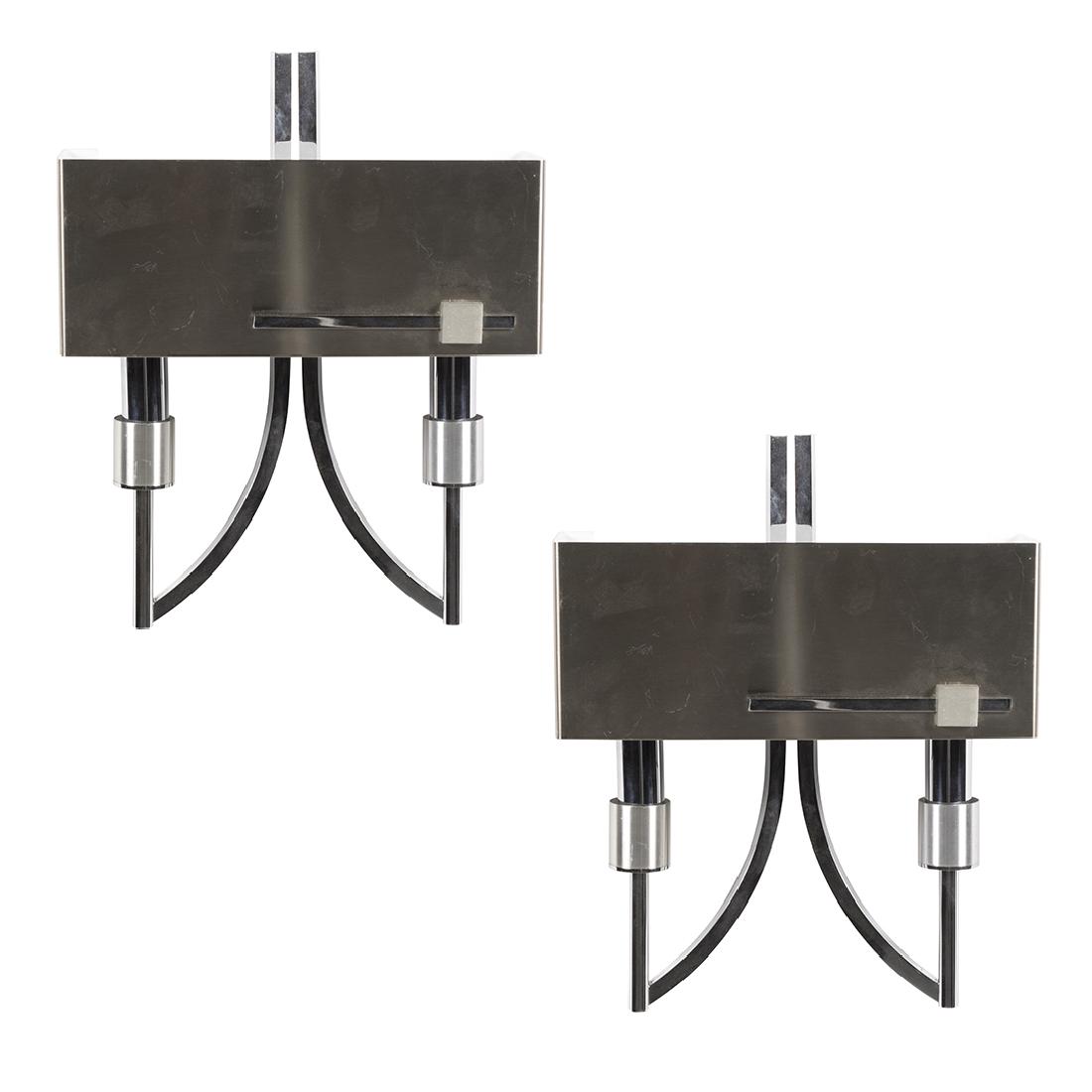 Chrome and Brushed Steel Sconces (2): Pair of chrome and brushed steel sconces, France 1970s. 15" H x 12" W x 6" D.