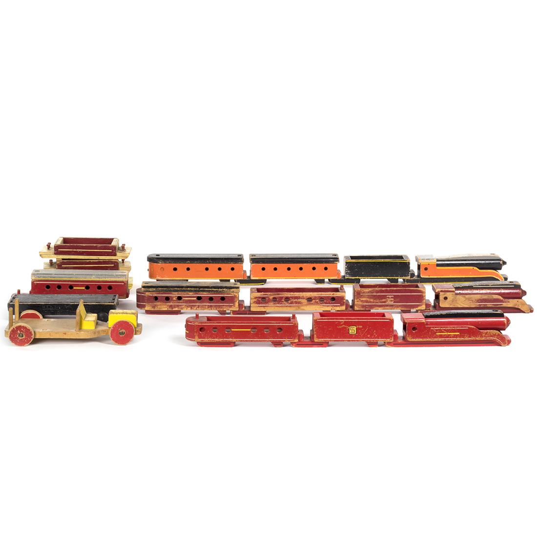 Seaver Toy Company Childrens Toys: A collection of children's trucks, boats and trains by Seaver Toy Company of Burbank, 1950s.