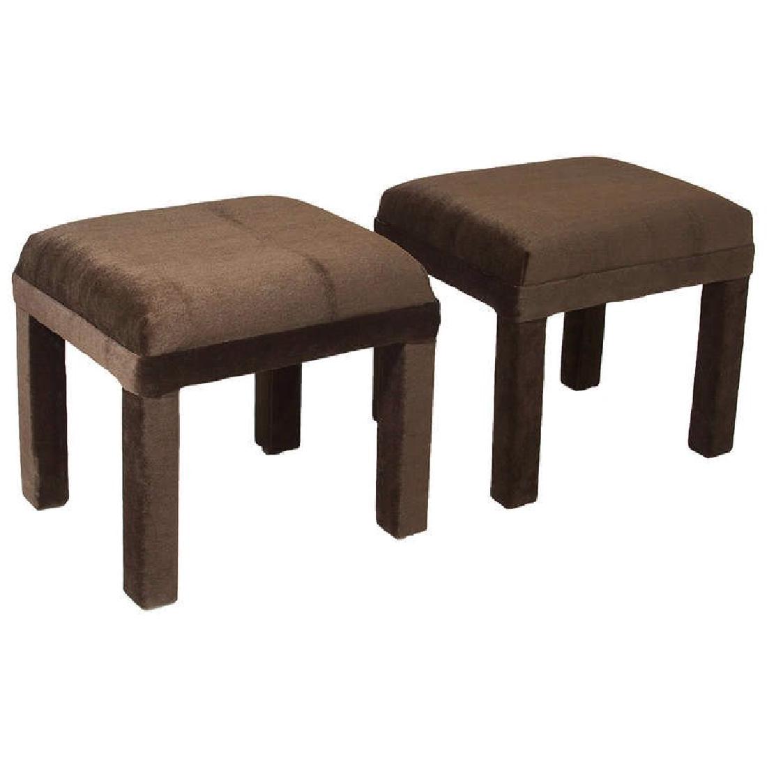 Mid-century Mohair Stools: Mid-century mohair stools upholstered in brown mohair, 1960s. 17" H x 18" W x 15.5" D.