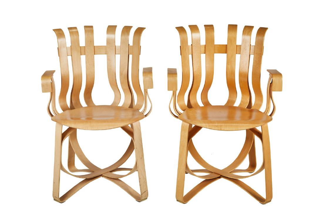 Frank Gehry Hat Trick Chairs (2): Pair of bentwood Hat Trick chairs by Frank Gehry for Knoll, 1992. 33" H x 23" W x 20" D.