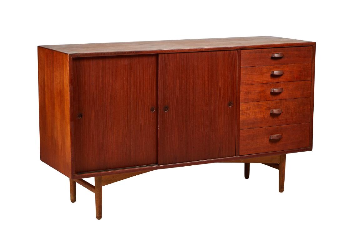 Einar Larsen and Bender Madsen Teak Credenza: Teak credenza by Einar Larsen and Bender Madsen for Naestved Møbelfabrik, Denmark 1960s. 35" H x 59" W x 19" D.