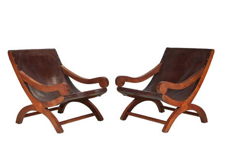 Luis Barragan Style Butaque Chairs (2): Pair of leather Butaque chairs in the style of Luis Barragan, Mexico 1970s. 28" H x 27" W x 28" D.