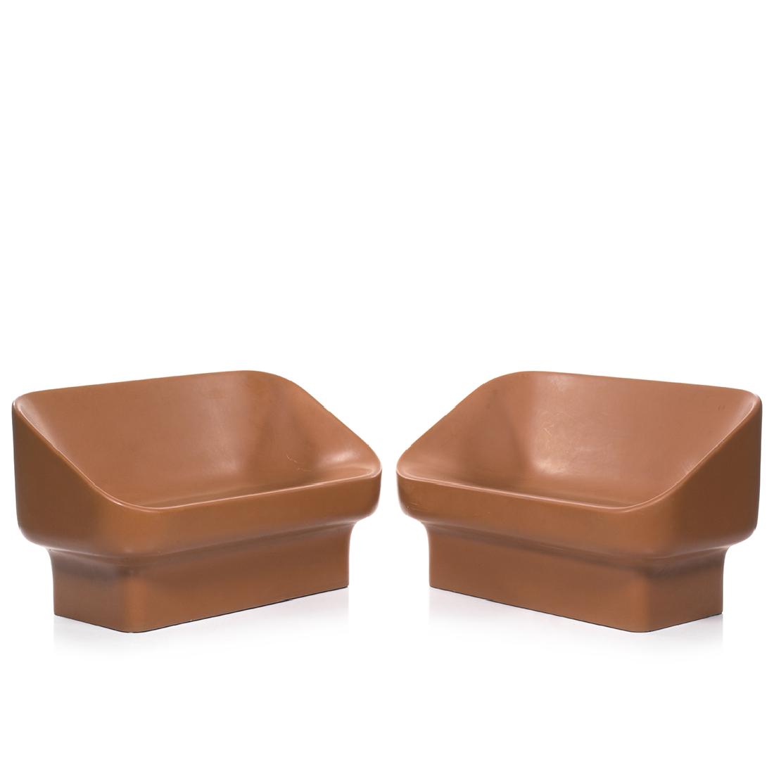 Douglas Deeds Fiberglass Setees (2): Pair of setees by Douglas Deeds for Architectural Fiberglass, 1960s. 30" H x 51" W x 28" D.