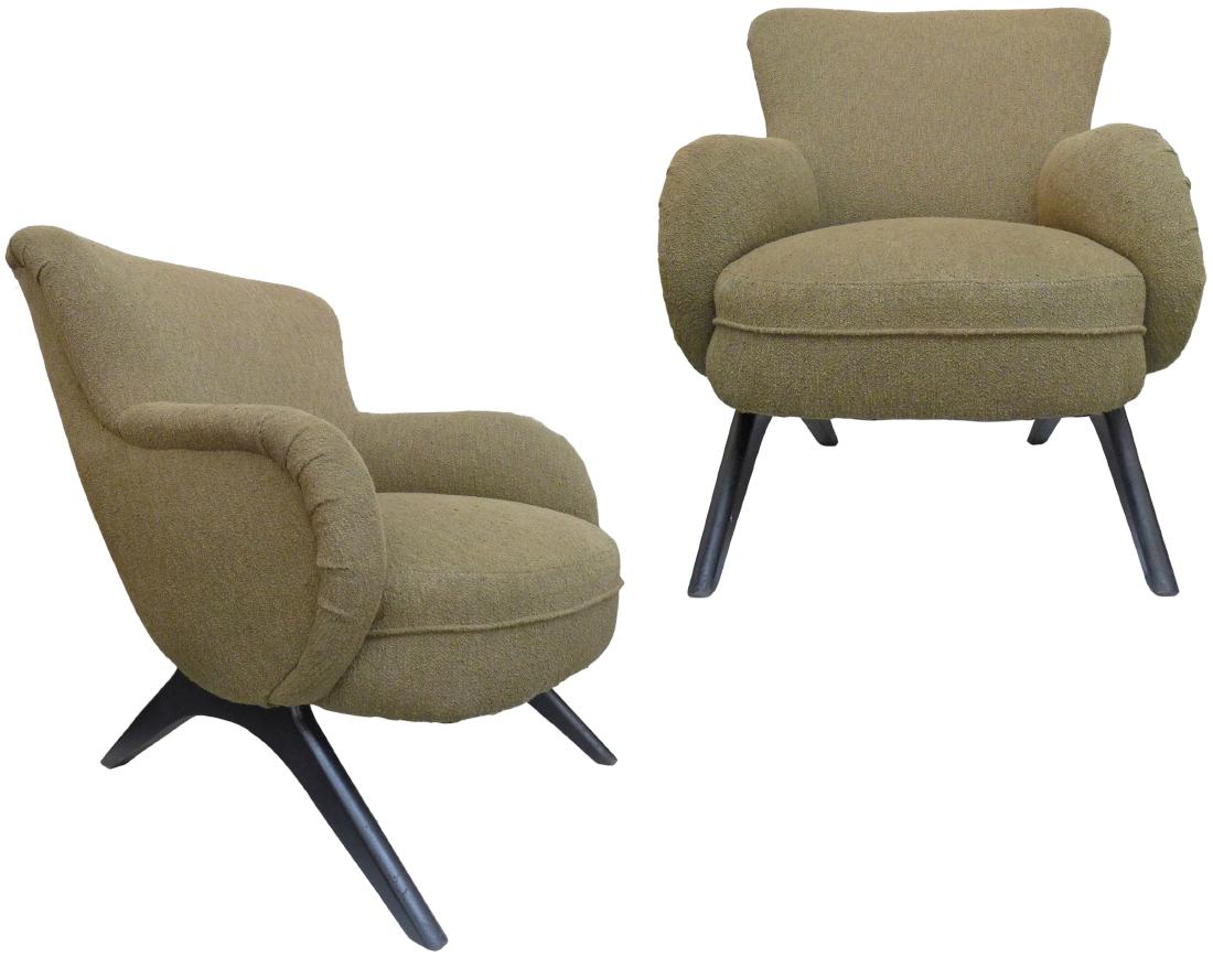 Italian Lounge Chairs (2): Pair of lounge chairs on ebonized wood legs in the style of Vladimir Kagan, Italy 1965. 34" H x 28.5" W x 38" D.