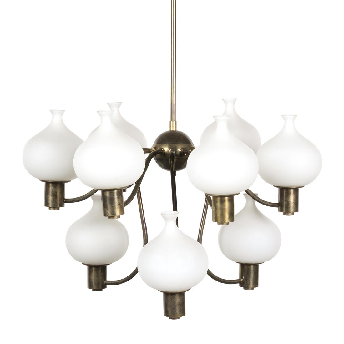 Italian Brass Chandelier: Brass chandelier with satin opal glass globes, Italy 1960s. 32" H x 20" D.